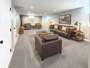 Carpeted living area multi use area. Enhanced staged photo.