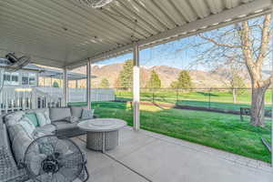 View of patio / terrace featuring a mountain view