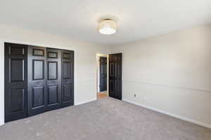 Unfurnished bedroom featuring carpet flooring and a closet