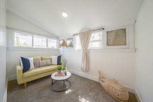 Living area with vaulted ceiling, carpet, and wooden walls