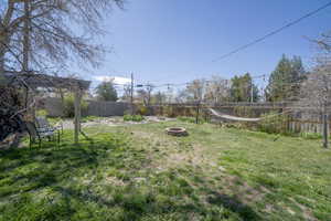 Fenced backyard with a fire pit