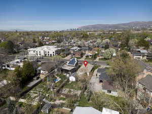 Aerial view of residential area featuring mountains