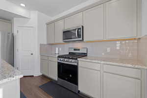 Spacious kitchen featuring LVP flooring, light gray cabinetry, granite countertops, stainless steel appliances, large island and tile backsplash