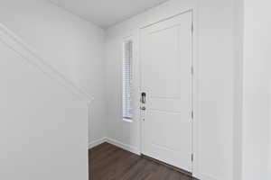 Foyer featuring dark LVP flooring