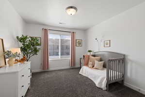 Bedroom with dark carpet and baseboards