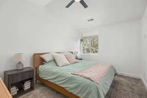 Carpeted bedroom with vaulted ceiling and a ceiling fan