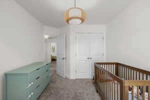 Carpeted bedroom featuring a closet and a nursery area