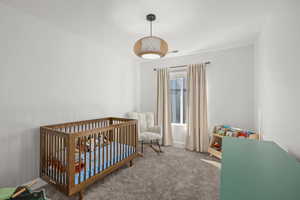 Carpeted bedroom with a crib