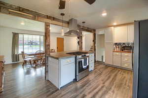Kitchen featuring stainless steel appliances, island range hood, dark wood-style flooring, and white cabinetry