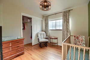 Bedroom with a closet, light wood-style flooring, hanging lights, and a crib
