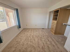 Bedroom or office with light carpet and a closet