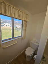 Bathroom with wood finished floors, a mountain view, and a residential view