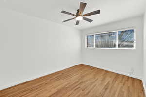 Unfurnished room with light wood-type flooring and ceiling fan