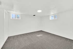 Basement with carpet floors and plenty of natural light