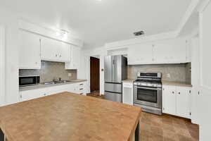 Kitchen featuring stainless steel appliances, wooden counters, white cabinets, and tasteful backsplash
