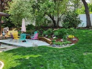 Fenced backyard featuring a patio