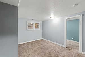 Unfurnished room featuring a textured ceiling, light colored carpet, and a smoke detector
