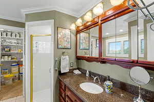 Full bathroom featuring vanity, a shower stall, and ornamental molding