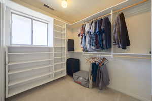 Walk in closet featuring light carpet