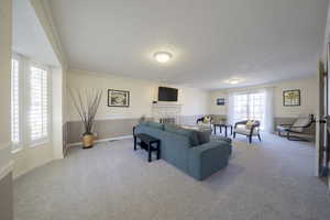 Living area with light carpet, crown molding, a fireplace, and a textured ceiling