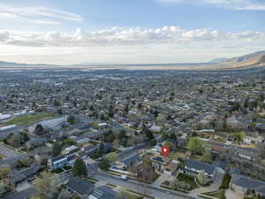 Aerial perspective of suburban area featuring mountains