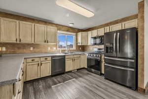 Kitchen with stainless steel appliances, light wood finish cabinetry. All appliances included!