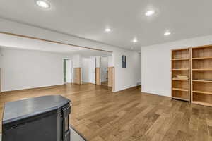 Large basement family room with pellet stove