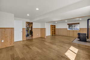 Large basement family room with pellet stove