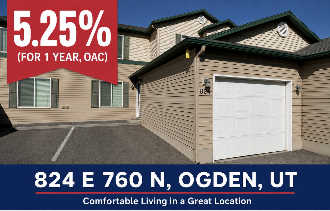 Real Estate Advertisement. Displaying a property with address and a promotional interest rate