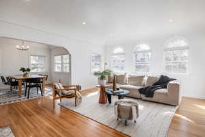 Living room featuring hanging lights, wood finished floors, and arched walkways