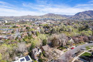 Aerial view of residential area with mountains