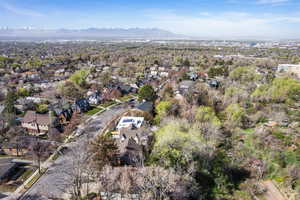 Aerial perspective of suburban area with a mountain backdrop
