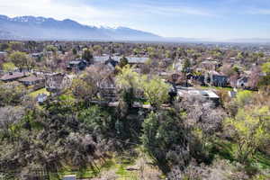 Aerial perspective of suburban area featuring a mountainous background