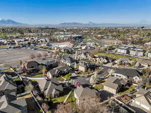 Aerial view of residential area with a mountain backdrop