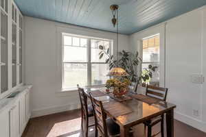 Dining room featuring wood ceiling and dark wood finished floors