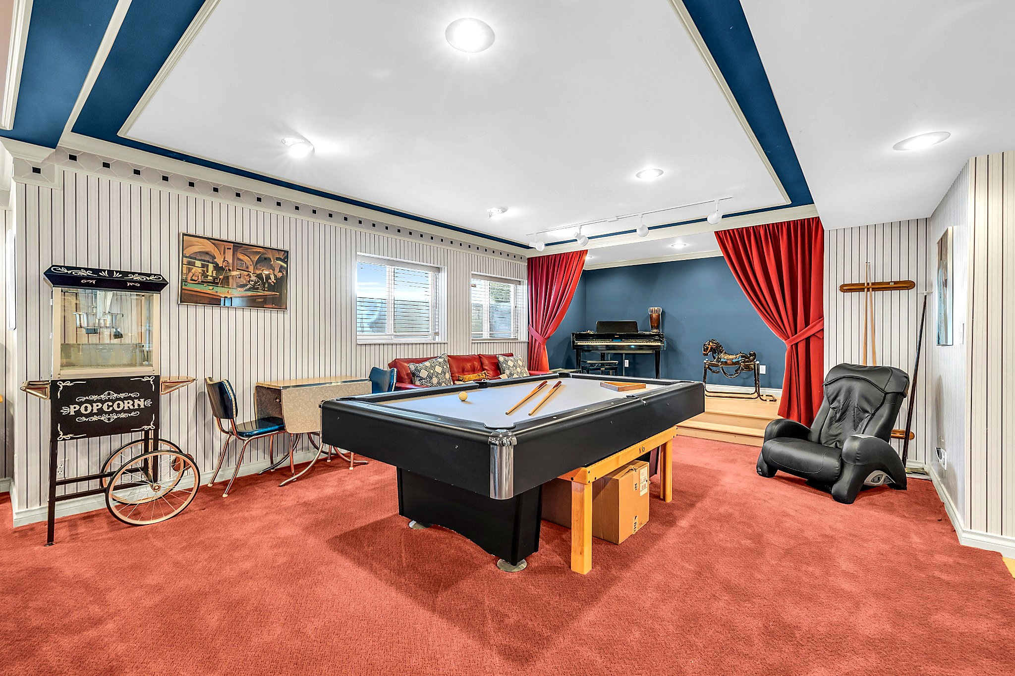 Recreation room featuring wallpapered walls, carpet, pool table, and crown molding