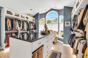Walk in closet featuring light wood-style flooring and lofted ceiling