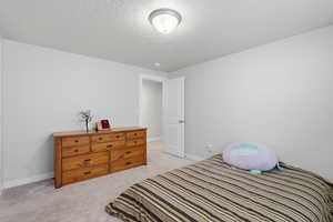 Bedroom with light colored carpet and a textured ceiling