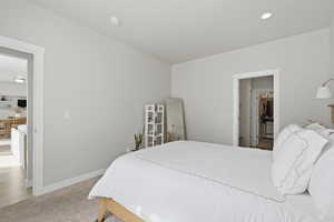 Carpeted bedroom with baseboards and a spacious closet