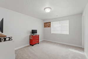Unfurnished bedroom featuring light colored carpet and a textured ceiling