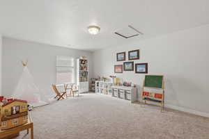 Game room with carpet floors and a textured ceiling