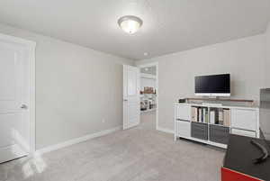 Office area featuring light carpet and a textured ceiling