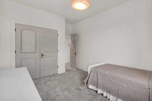 Bedroom featuring light carpet and a closet