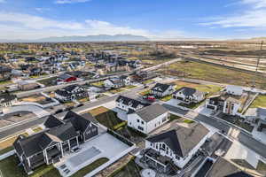 Aerial view of residential area with mountains
