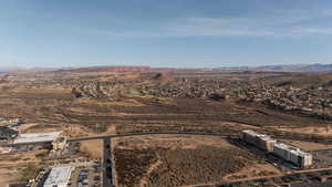 Bird's eye view of mountains and a desert landscape