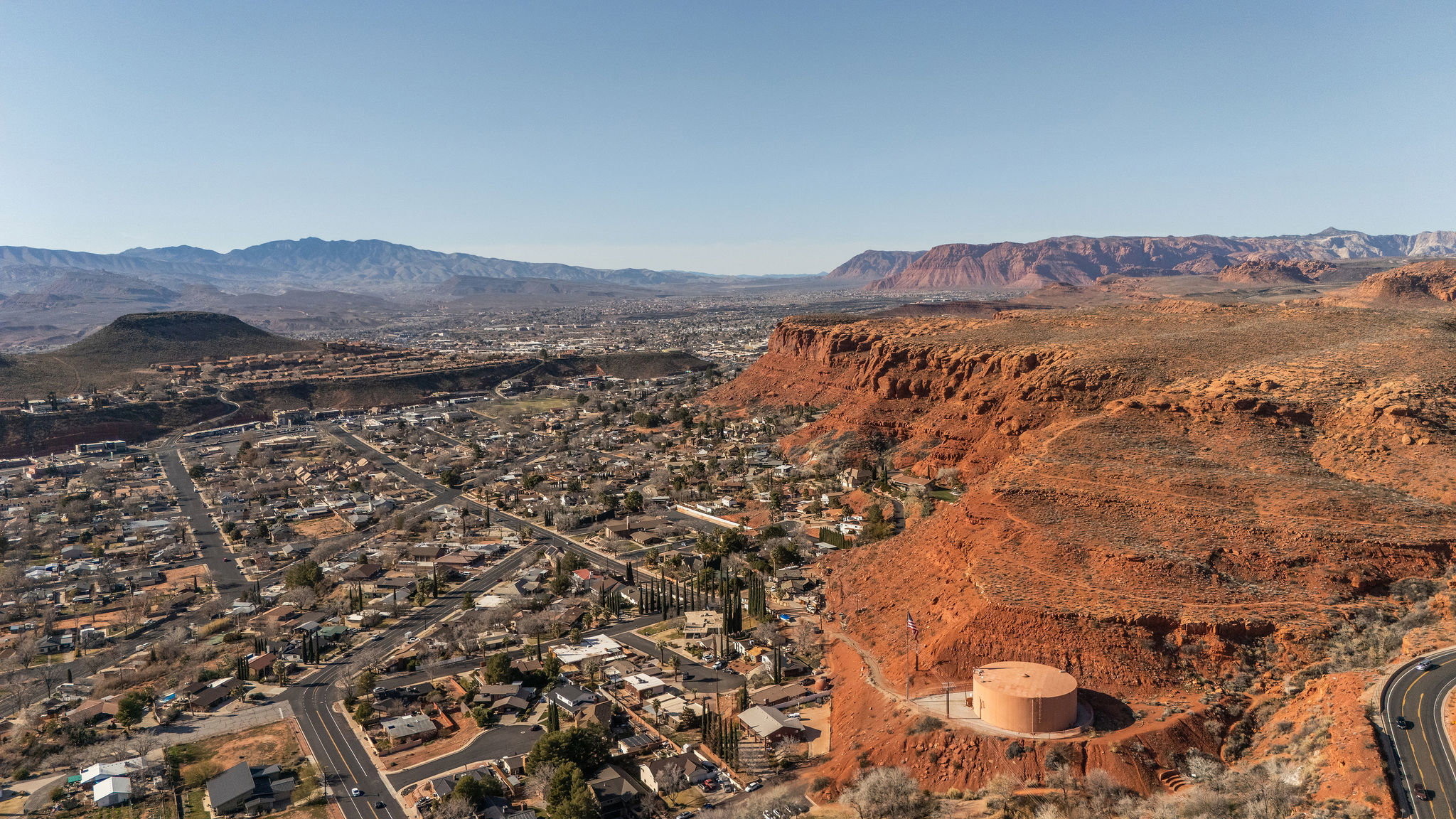 Drone / aerial view of a mountainous background