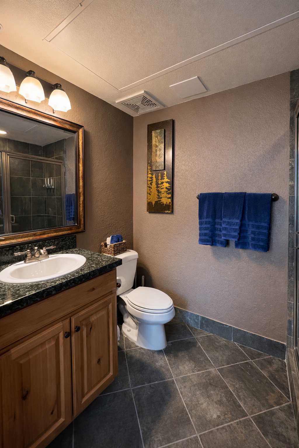 Bathroom with a textured wall, a stall shower, vanity, and a textured ceiling