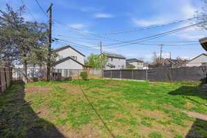 Fenced backyard featuring a residential view