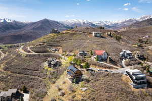 Aerial view of residential area with mountains