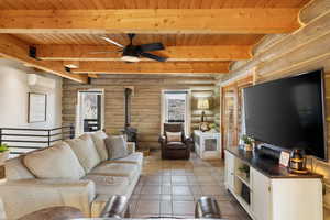 Living room with a wood stove, log walls, ceiling fan, and a wooden ceiling with exposed beams